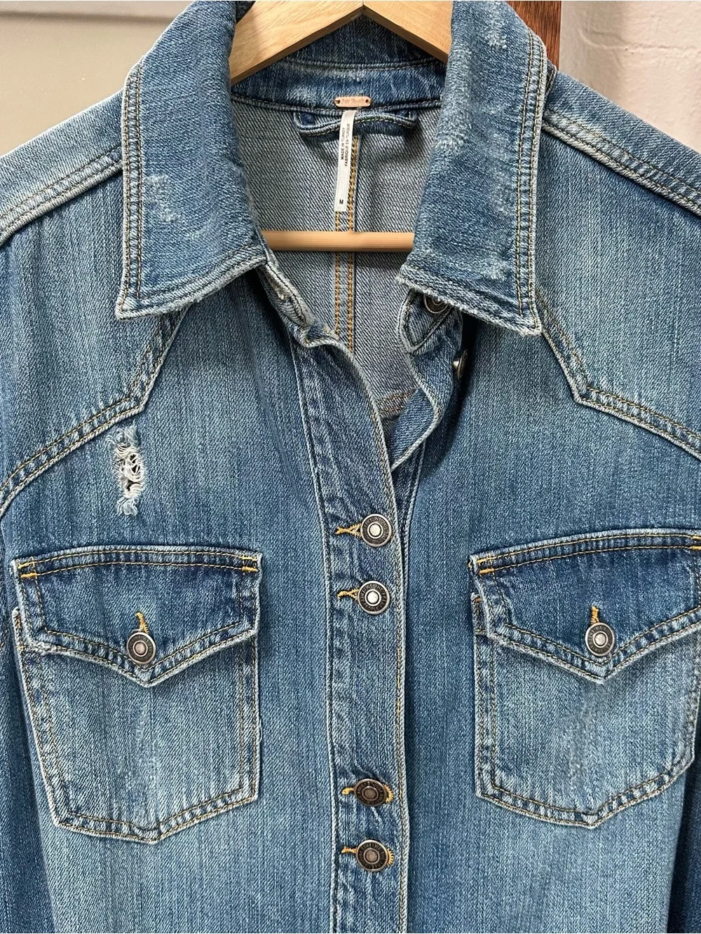 Free People Distressed Long Denim Jacket - Picture 2 of 11